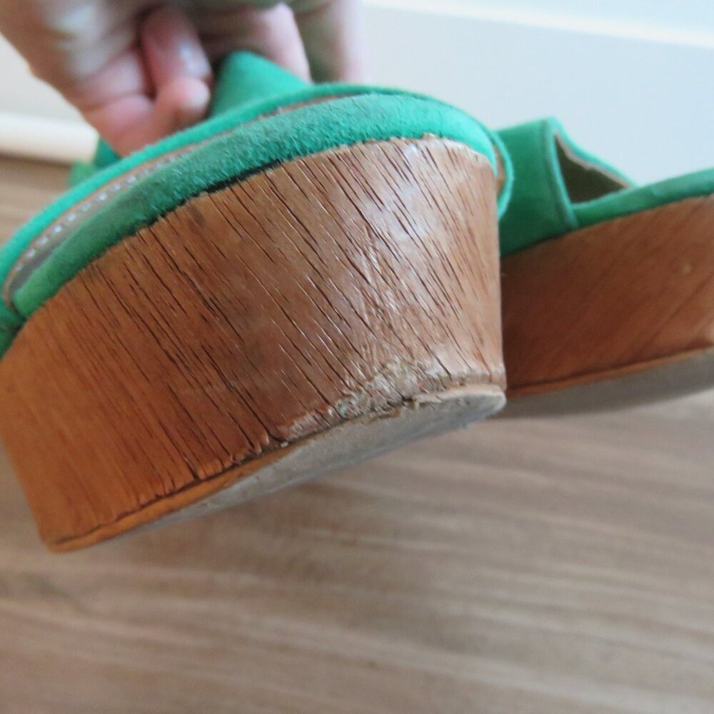 ANTHROPOLOGIE Bow Back Wooden Wedge Peeptoe Sandals in Kelly Green - Size US 10 - Picture 9 of 15